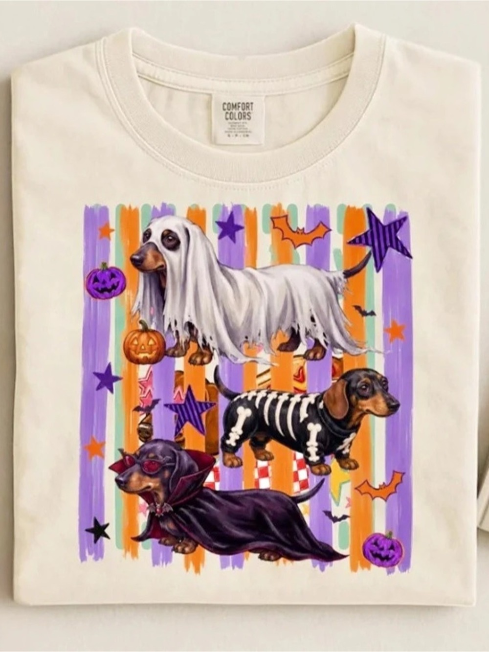 Halloween Dachshund Comfort Colors Tee, Ghost Wiener Dog Skeleton Graphic Tee
